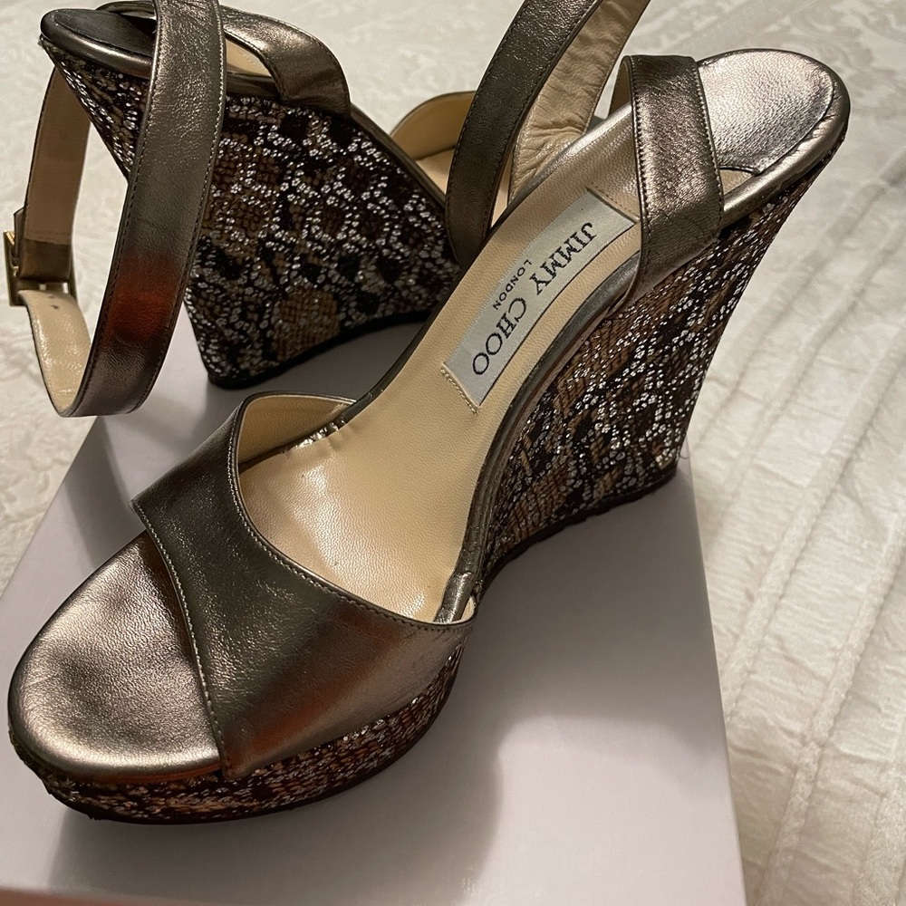 Jimmy Choo Metallic wrap around strap wedge sandal